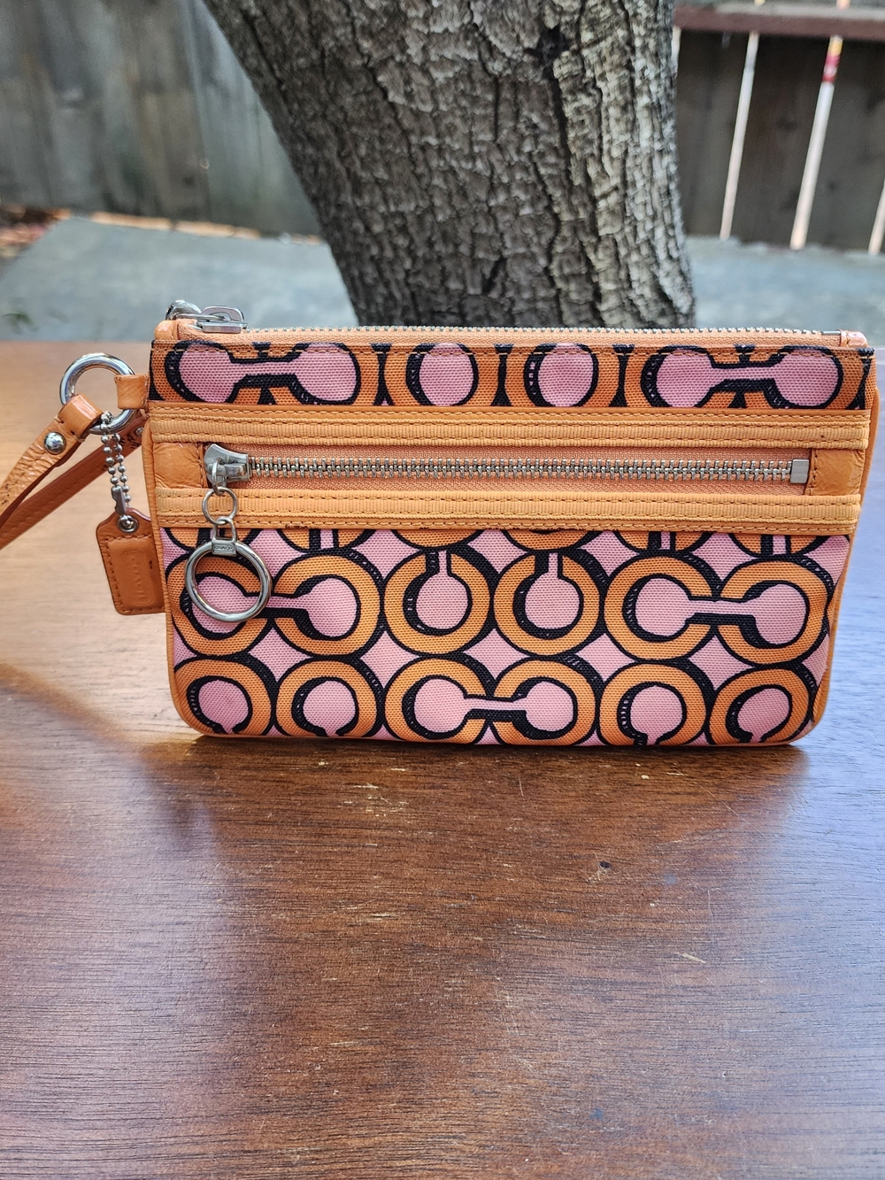 COACH Vintage Signature Optical Print Canvas Wristlet Pink Orange Wallet